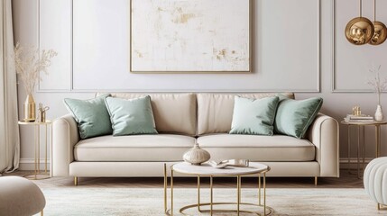 A modern living room featuring a beige sofa, mint green throw pillows, and gold-finished lighting