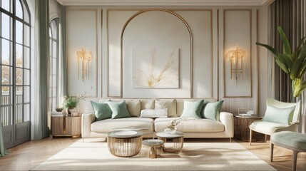 A modern living room featuring a beige sofa, mint green throw pillows, and gold-finished lighting