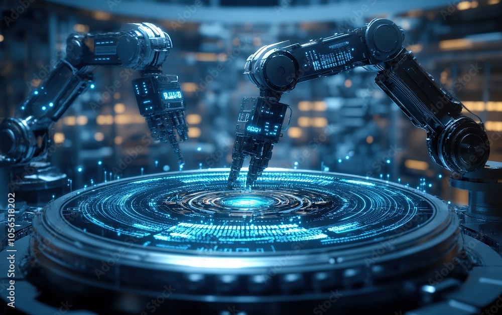 Poster two robotic arms with digital interface on a futuristic platform.