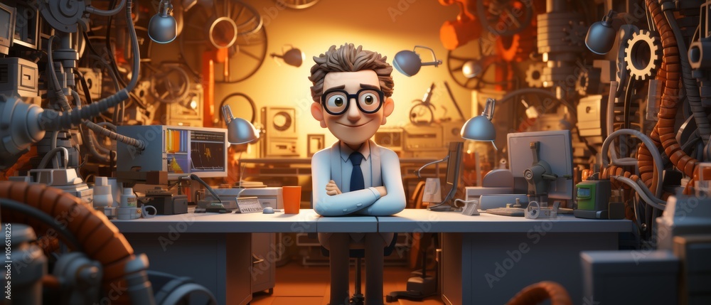 Poster Inventor in a Workshop with Creative Gadgets and Tools