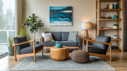 A living room featuring beige walls, dark gray armchairs, and teal blue decor accents