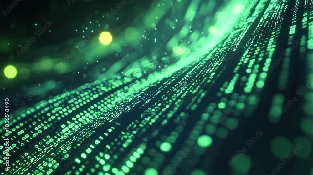 Poster computer screen with binary numbers highlighted as they move rapidly,
