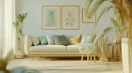 A living room with mint green cushions on a beige sofa, gold-framed artwork, and light wood floors