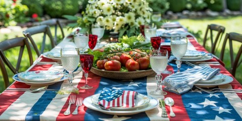 Memorial Day dining table adorned with flag-themed tablecloth and napkins.