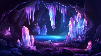 Fototapeta premium Mysterious dark cave with glowing crystals and underground lake fantasy landscape. Cave with Stalactites. Illustration