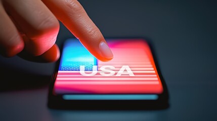 A hand tapping a smartphone displaying digital representation of the USA flag with red, white, and blue colors. Vote for US
