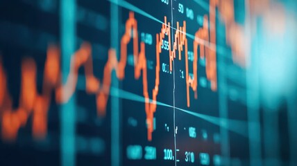 A close-up view of a financial graph displaying fluctuations in data, characterized by sharp lines colors against a dark backdrop.