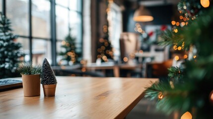 Open office space decorated for Christmas holidays with trees and ornaments, creating warm and festive atmosphere at workplace