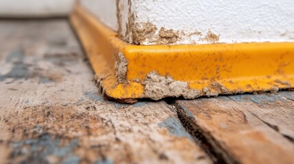 Close up of Termite Damage to Wooden Floor and Yellow Baseboard