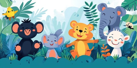 Five cute animals in a jungle.