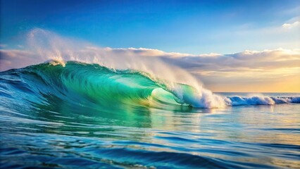 Naklejka premium A serene ocean wave breaks on the shore with a light blue horizon, ocean view, peaceful scene