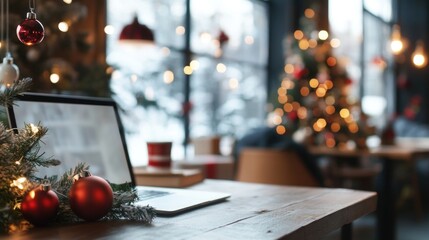 Open office space decorated for Christmas holidays with trees and ornaments, creating warm and festive atmosphere at workplace