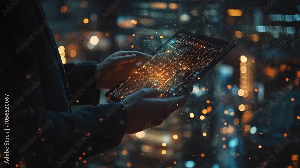 Poster close-up of a businessman using a tablet, with data connections visualizing business network and par