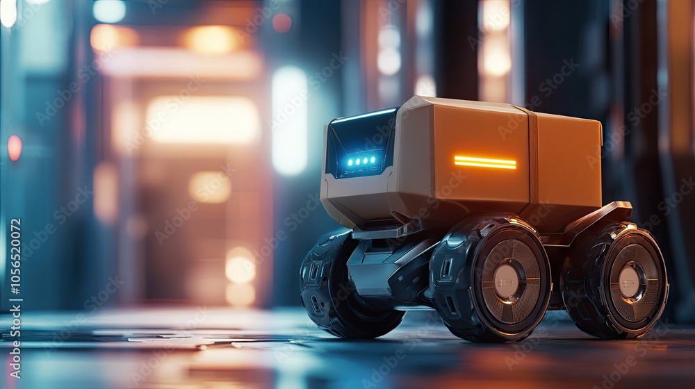 Poster close-up of a delivery robot carrying a package, illustrating efficiency in modern delivery solution