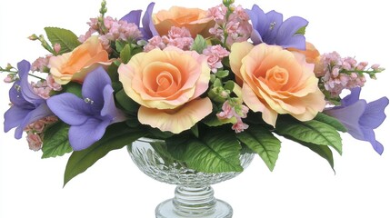 A decorative floral arrangement featuring roses and lilies in a crystal vase.