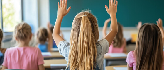 Fototapeta premium Girl Raises Hand In Classroom.