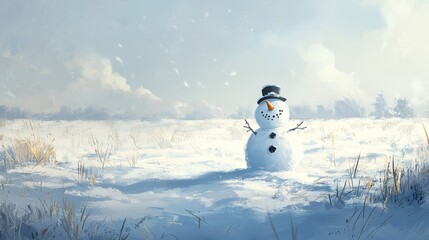 Fototapeta premium Cheerful Snowman in a Vast Snowy Field