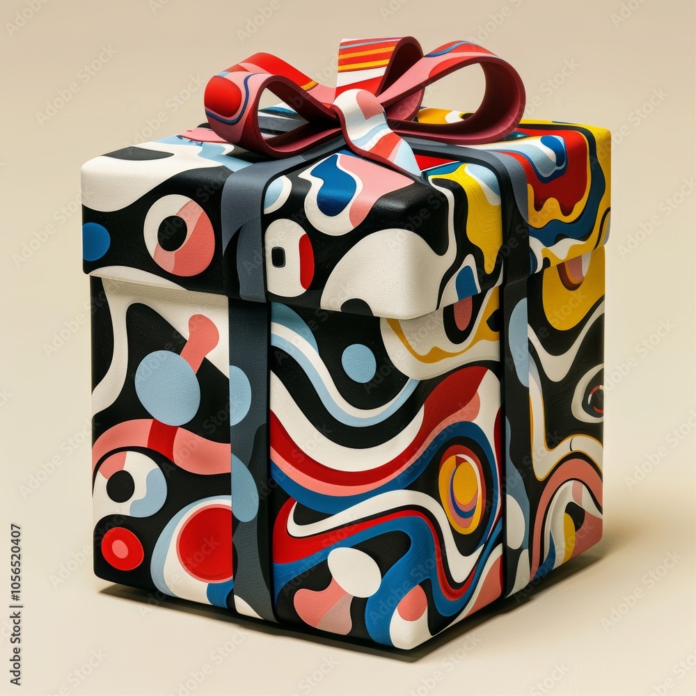 Poster a colorful box with a bow on top. the box is decorated with a lot of different colors and patterns, 