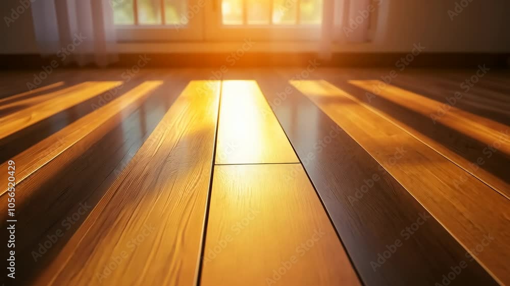 Poster sunlight streams through a window and onto a wooden floor, creating a warm and inviting atmosphere
