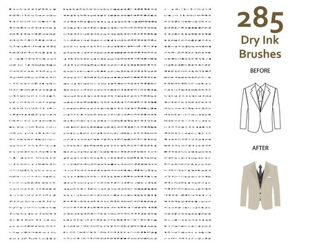 Set of 285 thin dry print ink art brushes with various lengths for stitching, decoration, story book, animation/illustration. Compatible with Adobe Illustrator CS6 and above.