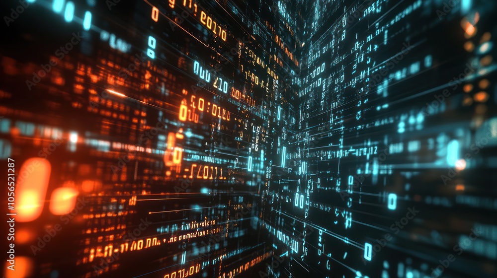 Poster computer screen with binary numbers highlighted as they move rapidly,
