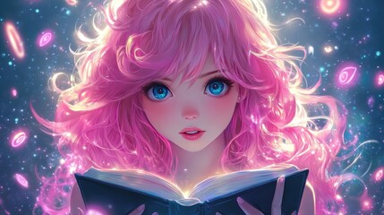 Cute anime girl with pink hair and big expressive eyes, holding a book and surrounded by floating magical symbols.