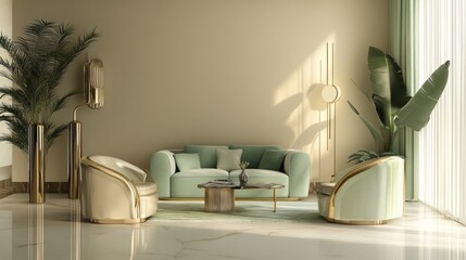 A sleek living room with beige walls, mint green throw blankets, and gold lamps