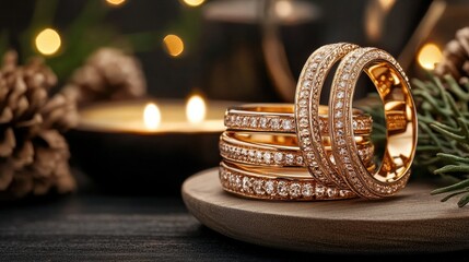 A luxurious showcase of radiant gold rings and jewelry sparkles in a dark setting, perfect for conveying sophistication and elegance.