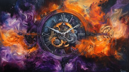 Detailed retro clock with gears visible, surrounded by purple and orange flames, symbolizing the captivating duality of time order and chaos.