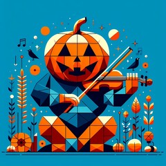 Geometric wallpaper featuring a Halloween pumpkin-headed person playing the violin.
