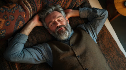 Fototapeta premium A middle-aged man with gray hair and a beard, wearing an elegant vest over his shirt, is lying on the sofa in a relaxed pose, eyes closed, hands behind his head, from a top-down view