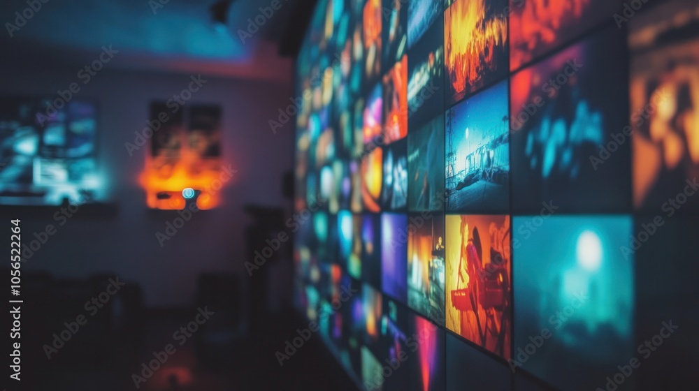 Poster a projection screen displaying multiple colorful film images in a dark room