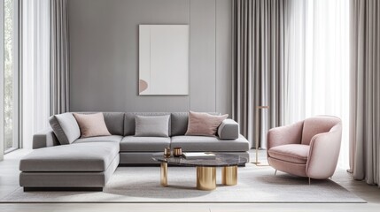 A sleek living room with light gray walls, a soft gray L-shaped sofa, and a pastel pink armchair in velvet