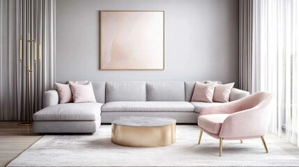 A sleek living room with light gray walls, a soft gray L-shaped sofa, and a pastel pink armchair in velvet