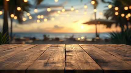 Wooden Table Top with Blurred Sunset Background Illustration