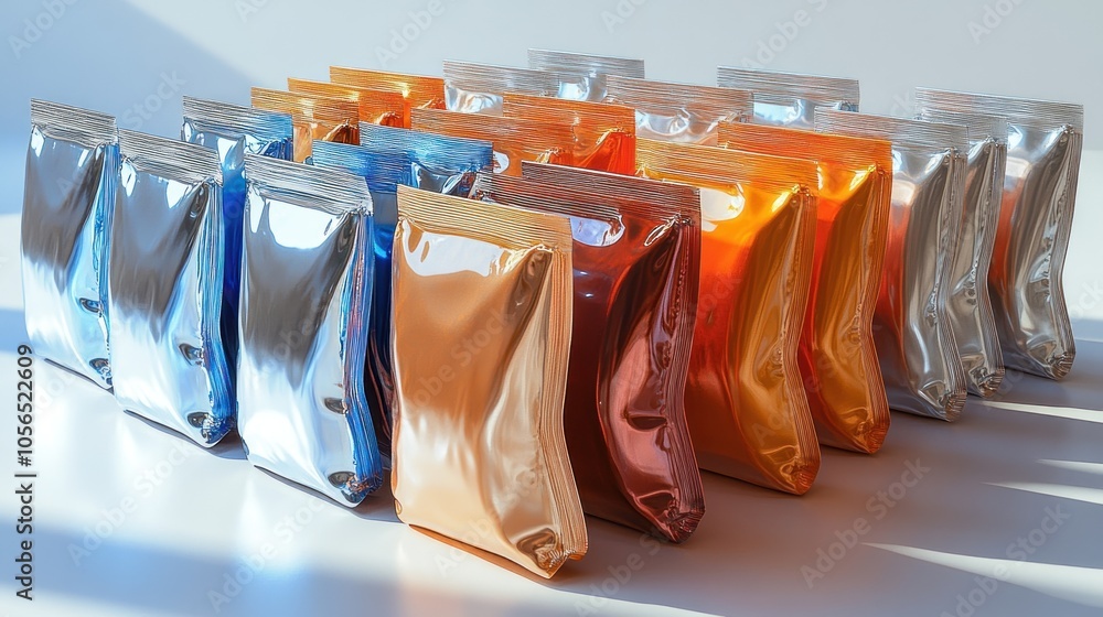 Poster colorful metallic pouches arranged in a neat pattern.