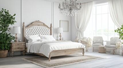 Elegant, white-themed bedroom with refined decor and open space, creating a peaceful atmosphere for interior design concepts.