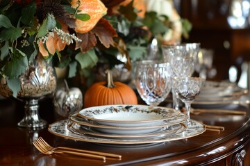 Celebrate Thanksgiving with a beautiful autumn table setup adorned with pumpkins, leaves, and elegant decor for a warm gathering
