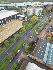 Aerial View of Central City Centre Elstree Uxbridge London City of England, Great Britain. It Was Rainy and Cloudy Day with Strong Winds over England, High Angle Drone's Camera Footage. April 4th, 24