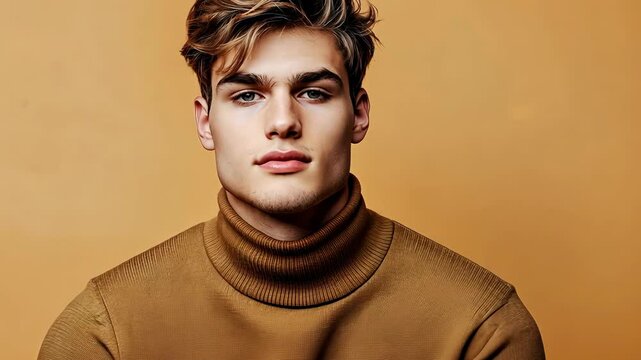 portrait of pretty young male look minded empty space wear trendy brown outfit Video