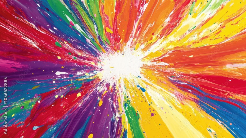 Poster explosive ink splatter in vivid rainbow colors, with swirling effects and fluid motion, creating an 
