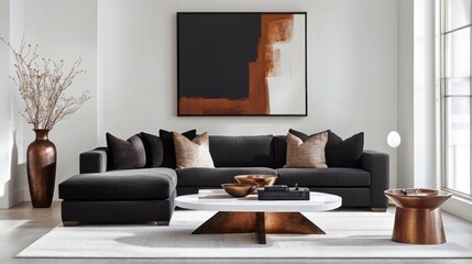 A sleek living room with white walls, a dark brown fabric sofa, and copper accents in the artwork