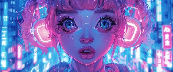Obraz premium Close-up of an anime girl wearing headphones with the perfect combination of blue and pink.