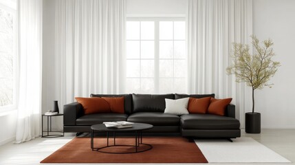A sleek living room with white walls, a dark brown leather sofa, and terracotta cushions