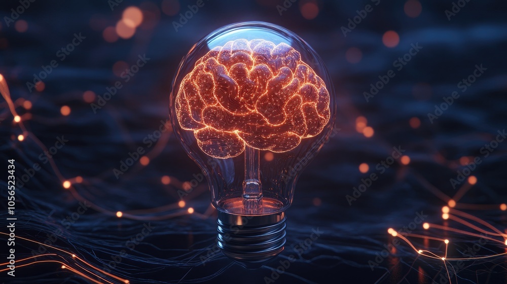 Poster futuristic brain in a light bulb surrounded by data networks, symbolizing artificial intelligence an