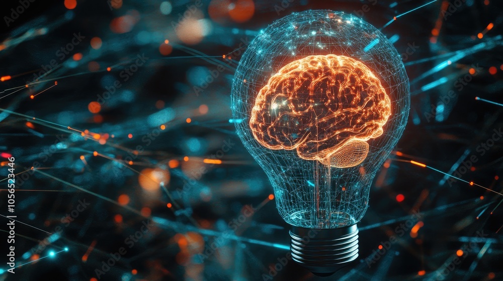 Poster futuristic brain in a light bulb surrounded by data networks, symbolizing artificial intelligence an