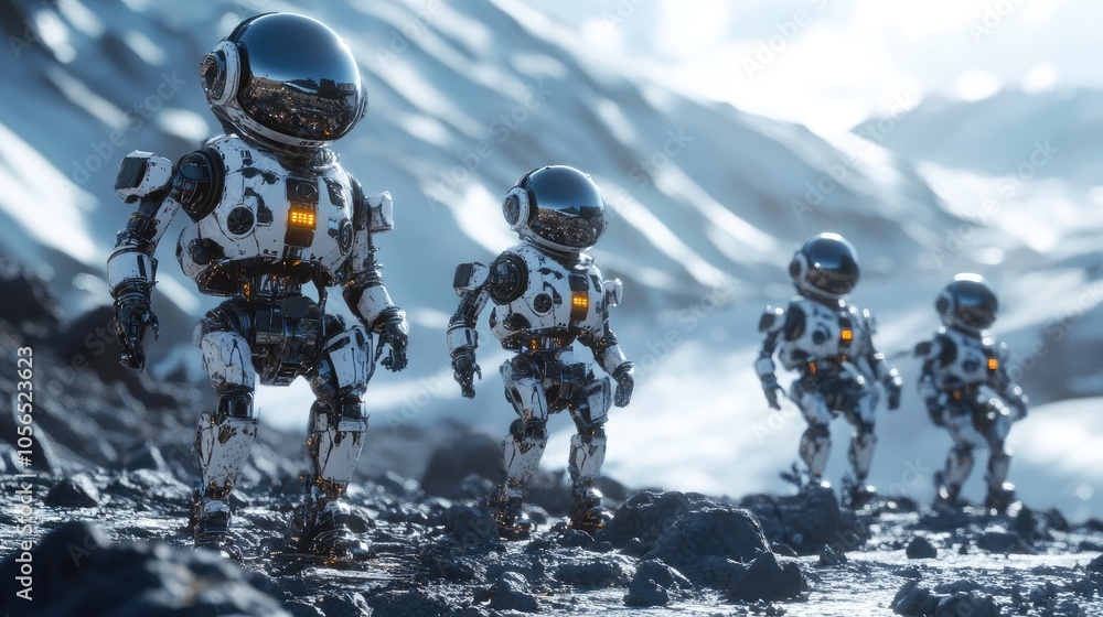 Poster group of robots constructing a space habitat on a distant planet, illustrating futuristic life.