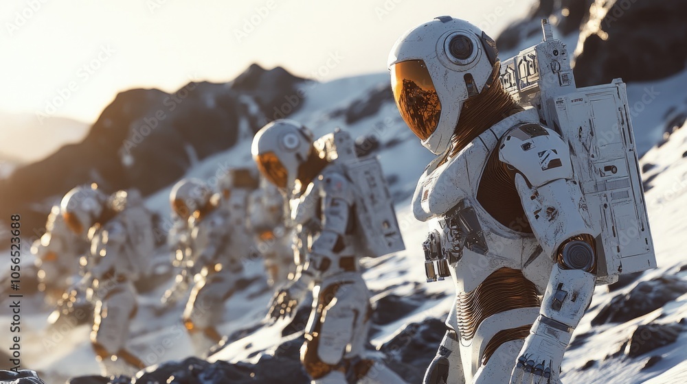 Poster group of robots constructing a space habitat on a distant planet, illustrating futuristic life.