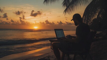 A digital nomad working on a laptop by the beach, sunset in the background, tropical paradise, relaxed and creative vibe, modern technology meets nature