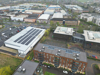 Aerial View of Central City Centre Elstree Uxbridge London City of England, Great Britain. It Was Rainy and Cloudy Day with Strong Winds over England, High Angle Drone's Camera Footage. April 4th, 24
